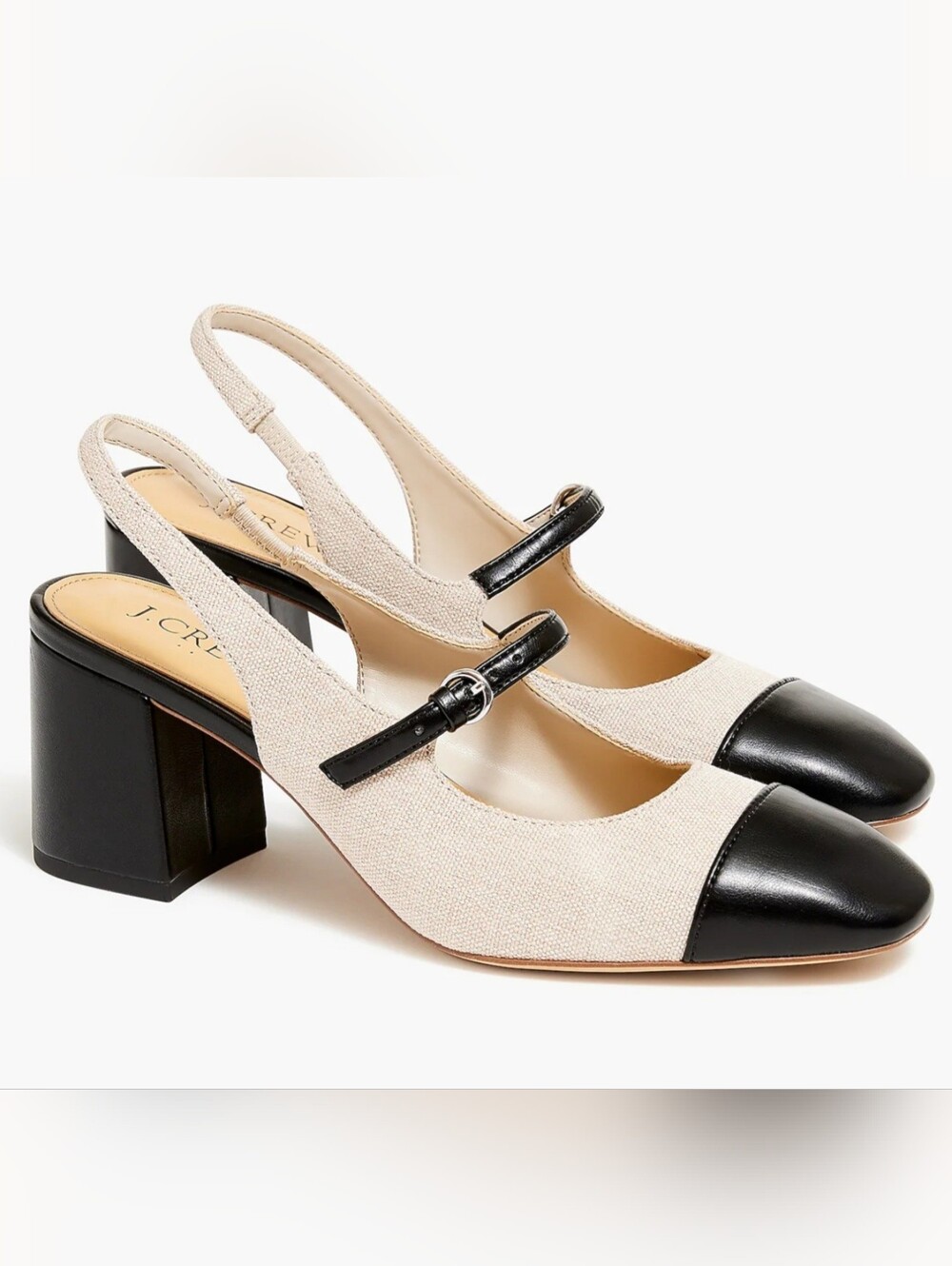 J.Crew Mary Jane Slingback Heels Cap Toe Block Heel Black Beige Size 9.5